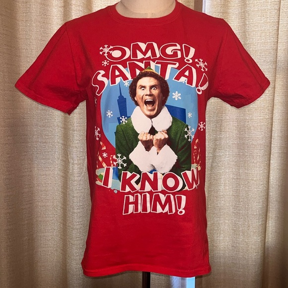 Buddy the Elf “OMG! Santa! I know him!” Red Mens Small Christmas Shirt - Picture 1 of 14